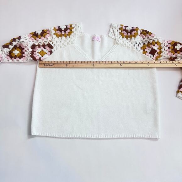 PINK LILY V-NECK RANDOM MIXED COLOR CROCHET SQUARE PATTERN BELL SLEEVE SWEATER - Picture 6 of 12